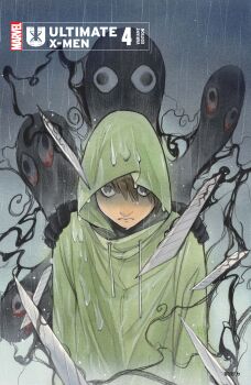 1boy absurdres bloodshot_eyes boxcutter brown_hair comic_cover company_name copyright_logo copyright_name cover cover_page empty_eyes english_text eyed_silhouette frown green_raincoat grey_background grey_eyes highres logo looking_at_viewer makoto_amano male_focus marvel mole mole_under_eye official_art peach_momoko rain raincoat short_hair silhouette solo ultimate_x-men_(2024) umbrakinesis upper_body x-men