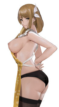 1girl apron ass ass_focus backless_outfit black_panties black_thighhighs braid breasts breasts_out brown_eyes brown_hair earrings female_focus fire_emblem fire_emblem_engage floral_print goldmary_(fire_emblem) hair_ribbon j@ck jewelry large_breasts long_hair looking_at_viewer matching_hair/eyes nearly_naked_apron nintendo nipples panties ribbon sideboob smile solo thighhighs thighs tying_apron underwear upper_body wedgie white_ribbon