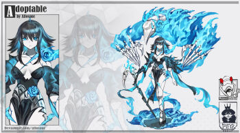 adoptable ahoge allosauc animal_skeleton artist_name asymmetrical_sleeves bare_legs bare_shoulders black_dress black_footwear black_hair black_sleeves blue_eyes blue_fire blue_flower blue_hair blue_rose blue_sleeves breasts burning reference_sheet closed_mouth collarbone colored_inner_hair colored_skin detached_sleeves deviantart_username dress english_text expressionless eyelashes fire flower grey_background hair_between_eyes knees large_breasts long_dress long_hair looking_at_viewer mismatched_sleeves monster multicolored_hair original polka_dot polka_dot_background rose shoes side_slit simple_background torn_clothes torn_dress torn_sleeves triangle_background two-sided_sleeves watermark white_skin wide_sleeves