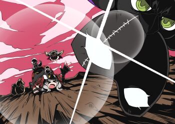 &gt;_&lt; 1girl absurdres all_fours animal_hood black_gloves blunt_bangs closed_eyes cloud crow_(la+_darknesss) diffraction_spikes eyecatch fingerless_gloves gloves highres hololive hood hood_up kokoro_(hakui_koyori) lens_flare long_hair mask orca_hood outdoors outstretched_arm plaid_clothes plaid_skirt pleia90 pokobee red_skirt sakamata_chloe silver_hair skirt solo tengen_toppa_gurren_lagann tsukune_(takane_lui) tsumire_(takane_lui) ttgl_eyecatch unworn_mask virtual_youtuber