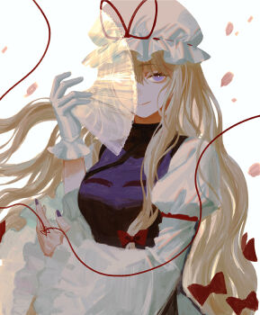 1girl blonde_hair bow bright_pupils commentary dress falling_petals fingernails folding_fan frilled_hat frilled_sleeves frills gloves hair_bow hand_fan hat holding holding_fan kikichan long_hair long_sleeves looking_at_viewer mob_cap nail_polish petals purple_eyes purple_tabard red_bow revision shirt single_glove smile solo tabard touhou very_long_hair white_dress white_gloves white_hat white_pupils white_shirt yakumo_yukari