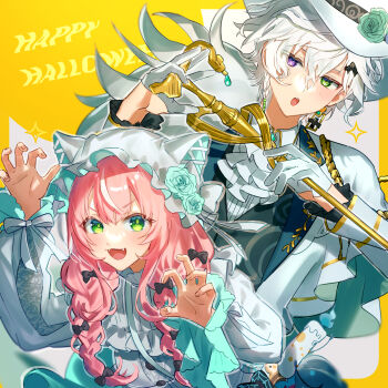 1boy 1girl :o absurdres alternate_costume ascot black_bow black_vest blue_flower blue_rose bow braid braided_sidelock candle cane claw_pose commentary_request dress earrings english_text fangs flower gloves green_eyes green_flower green_rose hair_bow half_gloves happy_halloween hat hat_flower heterochromia highres holding holding_cane jacket jewelry looking_at_viewer matochi_(fa) mob_cap multiple_hair_bows murakumo_kagetsu nijisanji nijisanji_kr open_mouth pink_hair purple_eyes rose shirt short_hair sidelocks single_earring smile sparkle top_hat two-tone_background upper_body vest virtual_youtuber white_ascot white_background white_dress white_gloves white_hair white_hat white_jacket white_shirt yang_nari yellow_background