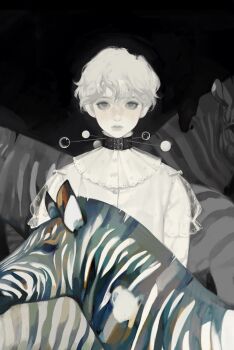 1girl absurdres animal baichuan_baichuan black_background black_choker bow choker expressionless eyelashes eyeshadow grey_eyes highres looking_at_viewer makeup mole mole_on_nose mole_under_eye original rouge_(makeup) short_hair short_sleeves solo upper_body wavy_hair white_bow white_hair zebra