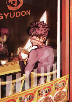 1boy 1girl absurdres alternate_costume angra_mainyu_(fate) bazett_fraga_mcremitz black_hair cheek_bulge chopsticks contemporary dark_skin dark-skinned_male eating closed_eyes fate/hollow_ataraxia fate/stay_night fate_(series) flyer food formal_clothes full-body_tattoo highres huge_filesize moto_(otemoto02) noodles open_mouth purple_hair ramen short_hair suit tattoo yellow_eyes