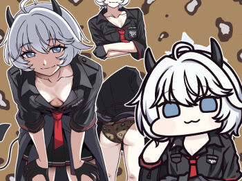 1girl :3 ahoge animal_print ass black_gloves black_shirt black_skirt blue_archive breasts chibi cleavage clothes_around_waist clothes_lift commentary_request crossed_arms demon_girl demon_horns erika_(blue_archive) gehenna_academy_logo gloves grey_eyes halo hands_on_own_thighs horns jacket jacket_around_waist jazz_jack leaning_forward leopard_print leopard_print_panties looking_at_viewer microskirt necktie panties partially_unbuttoned print_panties red_necktie shirt short_hair skirt skirt_lift smile tail underwear white_hair wide_face