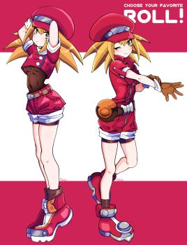 1girl black_bodysuit blonde_hair bodysuit brown_gloves newsboy_cap gloves hat highres jacket koshianpancake medium_hair mega_man_(series) mega_man_legends_(series) multiple_views one_eye_closed red_background red_footwear red_hat red_jacket red_shorts roll_caskett_(mega_man) shorts simple_background white_background