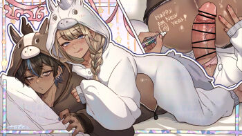 2boys animal_costume animal_ear_hood ass_cutout black_hair blonde_hair blue_streaks body_writing boy_on_top braid brown_eyes clothing_cutout commentary_request crossdressing crossdressing_(mtf) dark-skinned_male dark_skin ear_piercing fake_animal_ears feminization half-erect happy_new_year hood huge_penis kei_(rokuzukeita) male_focus multicolored_hair multiple_boys new_year on_bed onesie original penis penis_on_ass penpen_(rokuzukeita) piercing pillow rokuzukeita single_braid streaked_hair tan veins veiny_penis