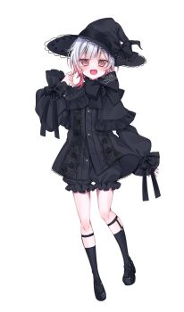 1girl :d black_bloomers black_dress black_shoes black_socks bloomers commentary dress frilled_dress frilled_hat frilled_sleeves frills hat highres looking_at_viewer mahou_shoujo_no_majo_saiban multicolored_hair official_artist_extra open_mouth pink_hair sakuraba_ema shoes simple_background smile socks solo tokito_setsuna underwear white_background white_hair witch_hat