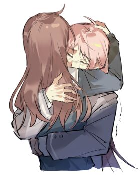 2girls bang_dream! bang_dream!_it&#039;s_mygo!!!!! blue_shirt breasts brown_hair chihaya_anon closed_eyes crying grey_jacket haneoka_school_uniform headpat highres hug jacket long_hair long_sleeves multiple_girls nagasaki_soyo pink_hair school_uniform shiba257 shirt simple_background trembling white_background yuri