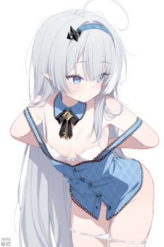1girl ahoge artist_name blue_eyes blue_hairband bra breasts commentary cowboy_shot detached_collar deyui female_tyrant_(stella_sora) grey_hair groin hair_over_shoulder hairband highres leaning_forward long_hair long_sleeves looking_to_the_side off_shoulder panties panty_pull pointy_ears removing_bra simple_background small_breasts solo stella_sora thighs tyrant_(stella_sora) underwear undressing very_long_hair white_background white_bra