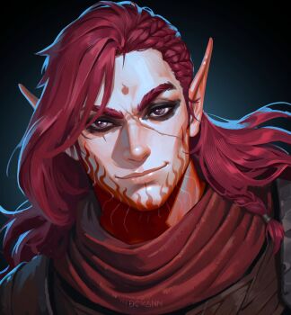 Rule 34 | 1boy, 1girl, absurdres, artist name, baldur's gate, baldur's gate 3, brown eyes, dcyann, dungeons & dragons, dungeons &amp; dragons, elf, flame tattoo, highres, long hair, looking at viewer, male focus, pointy ears, portrait, red hair, red tattoo, scar, scar on face, solo, tattoo, tav (baldur's gate)