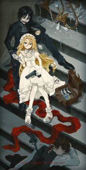 Rule 34 | 1girl, 2boys, ascot, bandaged head, bandages, black ascot, black hair, blonde hair, blood, blue eyes, briefcase, center frills, chandelier, colored eyelashes, corpse, corset, dress, expressionless, frilled dress, frilled hairband, frills, glock, gloves, gun, hairband, handgun, highres, holding, holding gun, holding hands, holding weapon, isaac foster, iseatingstone, juliet sleeves, loafers, long sleeves, looking at viewer, mary janes, multiple boys, pants, pantyhose, puffy sleeves, rachel gardner, satsuriku no tenshi, shoes, sitting, sitting on stairs, stairs, weapon, white corset, white dress, white gloves, white hairband, white pantyhose, white shoes