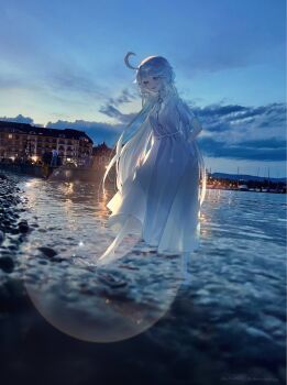 1girl ahoge blue_hair blue_sky cloud dress focalors_(genshin_impact) furina_(genshin_impact) genshin_impact highres photo_background sky smile standing water yukiusagi_(snowrabbit0508)