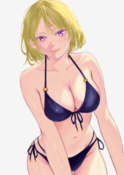 1girl bikini blonde_hair breasts facial_scar gintama highres hiiiiiillustra1 large_breasts purple_eyes scar scar_on_cheek scar_on_face short_hair solo swimsuit tsukuyo_(gintama)