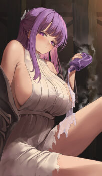 1girl absurdres adapted_costume bare_shoulders black_coat blunt_bangs breasts butterfly_hair_ornament buttons closed_mouth coat collar commentary convenient_censoring cut_bangs dissolving_clothes dress fern_(sousou_no_frieren) frilled_collar frills hair_ornament highres indoors knee_up large_breasts light_blush long_dress long_hair looking_at_viewer off_shoulder pongdo potion pouring pouring_onto_self purple_eyes purple_hair sideboob sidelocks sitting sleeveless sleeveless_dress solo sousou_no_frieren straight_hair white_dress