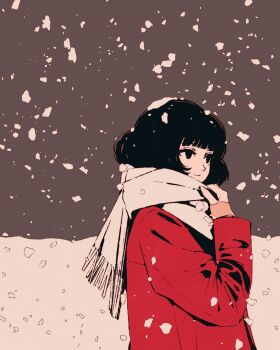1girl akashi_(yojouhan) black_hair blunt_bangs bob_cut brown_background clothes_grab coat commentary fringe_trim high_contrast horizon limited_palette looking_afar medium_hair mole mole_under_eye moshimoshibe muted_color neckwear_grab no_sclera posterized red_coat scarf scarf_grab simple_background snow snow_on_head snowing solo spot_color two-tone_background upper_body white_background white_scarf yojouhan_shinwa_taikei