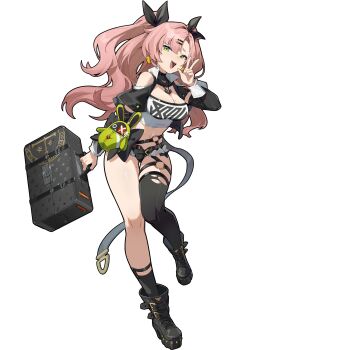 1girl bangboo_(zenless_zone_zero) black_ribbon black_thighhighs breasts briefcase cleavage crop_top detached_sleeves full_body green_eyes hair_ornament hairclip highres holding holding_briefcase large_breasts long_hair mole navel nicole_demara official_art pink_hair ribbon tachi-e thighhighs transparent_background zenless_zone_zero