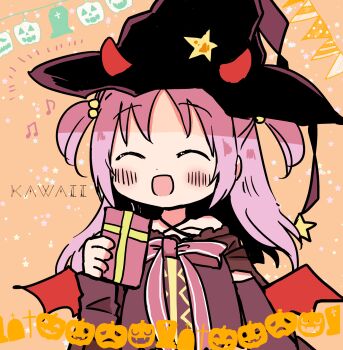 1girl :d arm_at_side arm_warmers black_hat blush bow bowtie cape closed_eyes criss-cross_halter cross demon_horns demon_wings detached_sleeves dot_nose fake_demon_horns fake_horns fake_wings gift hair_bobbles hair_ornament halloween halterneck hand_up hat hat_ornament highres holding holding_gift horns jack-o&#039;-lantern magia_record:_mahou_shoujo_madoka_magica_gaiden magical_girl mahou_shoujo_madoka_magica medium_hair misono_karin musical_note open_mouth orange_background parted_bangs purple_bow purple_bowtie purple_cape purple_hair purple_shirt purple_sleeves red_horns rin_tarou romaji_text shirt simple_background smile solo star_(symbol) star_hat_ornament tombstone two_side_up upper_body wings witch_hat