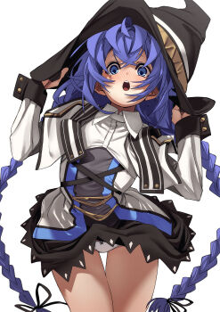 1girl black_dress blue_eyes blue_hair blush braid breasts commentary_request dress fu-ta hand_on_headwear hat highres long_hair looking_at_viewer mushoku_tensei open_mouth panties roxy_migurdia simple_background small_breasts solo thighs twin_braids underwear very_long_hair white_background white_panties wind wind_lift witch_hat