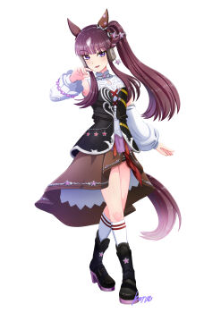 Rule 34 | 1girl, absurdres, animal ears, black boots, black corset, blunt bangs, blush, boots, breasts, brown hair, brown skirt, commentary request, corset, detached sleeves, ear covers, full body, hair between eyes, hair ornament, highres, horse ears, horse girl, horse tail, kneehighs, konsu (konsu1182da), long hair, looking at viewer, lucky lilac (umamusume), multicolored hair, open mouth, purple eyes, shirt, side ponytail, skirt, sleeveless, sleeveless shirt, smile, socks, solo, star (symbol), tail, umamusume, white shirt, white socks