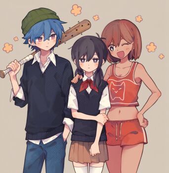 Rule 34 | 1boy, 2girls, antenna hair, artist name, aubrey (faraway) (omori), aubrey (omori), baseball bat, black eyes, black hair, black sweater, black sweater vest, blue hair, blue pants, blush, breasts, bright pupils, brown hair, brown skirt, cleavage, closed mouth, collarbone, collared shirt, commentary, crop top, dark-skinned female, dark skin, denim, double-parted bangs, ear piercing, genderswap, genderswap (ftm), genderswap (mtf), green hat, grey background, hair between eyes, hand in pocket, hand on own hip, hat, highres, holding, holding baseball bat, jeans, kel (faraway) (omori), kel (omori), long sleeves, looking at another, looking at viewer, low twintails, medium breasts, multiple girls, nail (hardware), nail bat, navel, neckerchief, omori, one eye closed, open mouth, orange shorts, pants, piercing, pink eyes, pleated skirt, red neckerchief, rioririoriori, shirt, shirt under sweater, short hair, short twintails, shorts, simple background, skirt, skullcap, smile, sunny (omori), sweater, sweater vest, symbol-only commentary, thighhighs, twintails, twitter username, white pupils, white shirt, white thighhighs