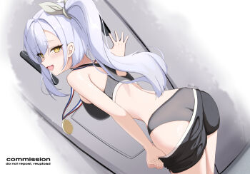 1girl ass azur_lane bare_shoulders bent_over black_panties black_shirt black_shorts breasts bright_pupils clothes_pull commission cowboy_shot crop_top fang hair_ribbon highres large_breasts long_hair looking_at_viewer looking_back medal median_furrow oceana_(azur_lane) open_mouth panties pulling_own_clothes ribbon shirt short_shorts shorts shorts_pull siren_(azur_lane) skeb_commission sleeveless sleeveless_shirt smile solo sports_bra standing twintails uaru underwear white_hair yellow_eyes