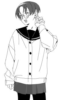 1girl :d aa_kabeuchi arm_at_side blush cardigan commentary cowboy_shot ear_piercing furrowed_brow futsuu_no_keion-bu glasses greyscale hand_on_own_ear hand_up highres long_sleeves monochrome nikaidou_mawari open_mouth pantyhose parted_bangs piercing pleated_skirt round_eyewear sailor_collar school_uniform short_hair simple_background skirt smile solo white_background