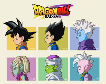 1girl 5boys aqua_skin armor artist_name black_eyes black_hair blonde_hair blue_bodysuit blue_shirt blue_skin blue_vest bo_staff bodysuit cape closed_mouth colored_skin column_lineup commentary copyright_logo dougi dragon_ball dragon_ball_daima earrings english_commentary from_side glorio_(dragon_ball) green_skin grey_background highres jacket jewelry jumpsuit logo mixed-language_commentary mohawk multiple_boys orange_jumpsuit orange_shirt orco05 pansy_(dragon_ball_daima) piccolo pink_skin pointy_ears portrait potara_earrings profile purple_eyes purple_jacket purple_scarf purple_shirt ruyi_jingu_bang saiyan_armor scarf serious shin_(dragon_ball) shirt short_hair son_goku spiked_hair staff turban twintails vegeta vest weapon weapon_on_back white_cape white_hair white_turban yellow_eyes