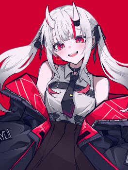 Rule 34 | 1girl, absurdres, bare shoulders, belt, black belt, black jacket, black necktie, black ribbon, brown skirt, chest belt, earrings, hair ornament, hair ribbon, highres, hololive, horns, jacket, jewelry, long hair, long sleeves, looking at viewer, mentally deficient, multicolored hair, nakiri ayame, nakiri ayame (streetwear), necktie, official alternate costume, official alternate hairstyle, oni, open clothes, open jacket, open mouth, pleated skirt, red background, red eyes, red streaks, ribbon, shirt, short necktie, simple background, skin-covered horns, skirt, sleeveless, sleeveless shirt, solo, streaked hair, teeth, triangle earrings, twintails, upper teeth only, virtual youtuber, white shirt, x hair ornament