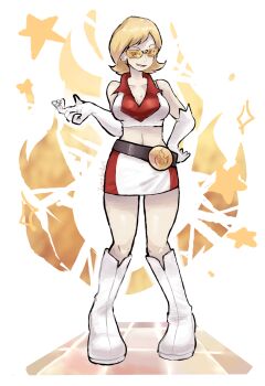 1girl bare_shoulders belt black_belt blonde_hair boots breasts cleavage collarbone collared_shirt commission crop_top elbow_gloves gloves go-rock_squad go-rock_squad_grunt_(pokemon) hand_on_own_hip highres midriff mixed-language_commentary nintendo open_mouth pixiv_commission pokemon pokemon_ranger_(series) pokemon_ranger_1 ragou2niko shirt short_hair skirt sleeveless sleeveless_shirt smile solo standing tinted_eyewear variant_set white_boots white_gloves white_shirt white_skirt yellow-tinted_eyewear