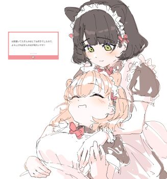 2girls :d ^_^ animal_ears apron black_hair blunt_bangs blush bow bowtie breasts brown_dress cat_ears cat_girl cerise_bouquet closed_eyes collared_dress commentary dress frilled_apron frills green_eyes highres hinoshita_kaho kemonomimi_mode link!_like!_love_live! love_live! maid maid_apron maid_headdress marshmallow_(site) medium_breasts medium_hair momoeolia momose_ginko multiple_girls nyan_nyan_nyan_fair_in_gamers open_mouth orange_hair puffy_short_sleeves puffy_sleeves red_bow red_bowtie request_inset short_hair short_sleeves simple_background sketch smile translation_request two_side_up virtual_youtuber white_apron white_background