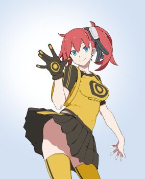 Rule 34 | 1girl, aiba ami, ayu (ddestiny944), black gloves, black shirt, black skirt, blue eyes, digimon, digimon story: cyber sleuth, gloves, highres, long hair, miniskirt, pleated skirt, print shirt, red hair, shirt, side ponytail, simple background, single glove, skirt, smile, solo, thighhighs, two-tone shirt, white background, yellow shirt, yellow thighhighs