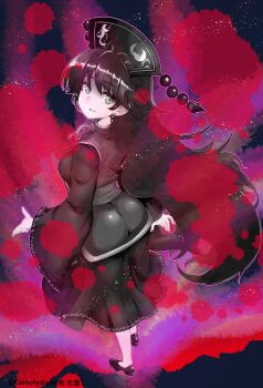 Rule 34 | 1girl, absurdres, artist name, ass, blood, blood splatter, breasts, carbohydrate (asta4282), chang'e (touhou), commentary request, dalachi (headdress), dress, full body, highres, large breasts, long hair, long sleeves, looking at viewer, looking back, neck ribbon, ribbon, shoes, smile, solo, tabard, touhou, very long hair, wide sleeves