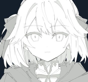 1girl anisphia_wynn_palettia greyscale hair_ribbon highres kaeshi_(yuukaeshi) looking_at_viewer medium_hair monochrome neck_ribbon parted_lips ribbon solo tensei_oujo_to_tensai_reijou_no_mahou_kakumei upper_body