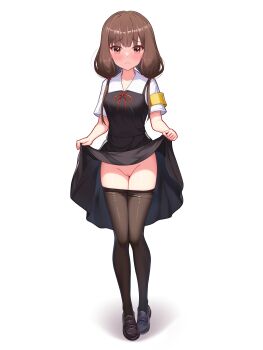 1girl absurdres black_dress black_pantyhose black_shoes blunt_bangs blush brown_eyes brown_hair cleft_of_venus closed_mouth clothes_lift clothes_pull commentary dress english_commentary frown furrowed_brow highres iino_miko kaguya-sama_wa_kokurasetai_~tensai-tachi_no_renai_zunousen~ legs lifting_own_clothes loafers long_hair looking_at_viewer moriforests no_panties pantyhose pantyhose_pull pinafore_dress presenting pussy red_ribbon ribbon school_uniform shirt shoes short_sleeves shuuchiin_academy_school_uniform sidelocks simple_background skirt skirt_lift sleeveless sleeveless_dress solo standing thighs tsurime uncensored white_background white_shirt