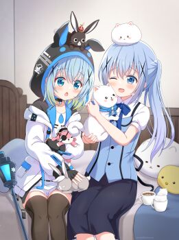 2girls :o ;d absurdres animal animal_ears animal_hood animal_on_head black_skirt black_thighhighs blue_eyes blue_hair blush bow cat coffee coffee_mug collarbone collared_shirt commentary_request cup darkpi_(sekzpeodgeodjg) dress eyebrows_hidden_by_hair fake_animal_ears gloves gochuumon_wa_usagi_desu_ka? hair_between_eyes hair_ornament hairclip hat highres holding holding_animal holding_stuffed_toy hood hood_up hugging_object indoors jacket kafuu_chino lantern long_hair long_sleeves looking_at_another mug multicolored_hair multiple_girls on_head one_eye_closed open_mouth pillow puffy_sleeves rabbit rabbit_ears ribbon shirt short_hair short_sleeves sidelocks sitting skirt smile staff streaked_hair stuffed_animal stuffed_rabbit stuffed_toy thighhighs tippy_(gochiusa) twintails white_shirt x_hair_ornament