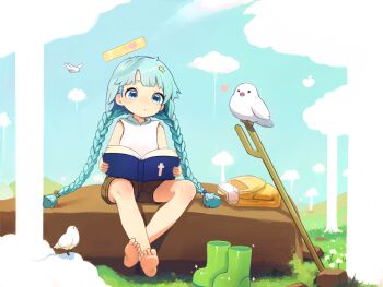 1girl aura_(jubilee_2025) bare_shoulders barefoot blue_eyes blue_hair book boots braid cane cloud cloudy_sky cross_hair_ornament green_boots hair_ornament halo heart highres jubilee_2025 luce_(jubilee_2025) raincoat reading shirt shorts sitting sky white_shirt yellow_raincoat yuen_(butterchain)