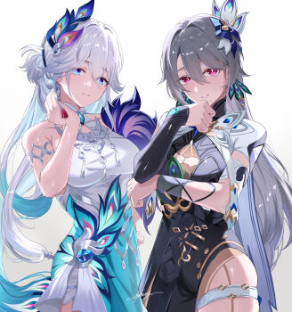 2girls absurdres black_bodysuit blue_eyes bodysuit breasts cleavage_cutout clothing_cutout commentary dress earrings grey_hair highres honkai:_star_rail honkai_(series) honkai_impact_3rd jewelry large_breasts long_hair looking_at_viewer miya-chan_(lightning0730) multiple_girls peacock_feathers_hair_ornament purple_eyes simple_background single_leg_bodysuit trait_connection very_long_hair vita_(honkai_impact) vita_(lone_planetfarer)_(honkai_impact) white_background white_dress white_hair yao_guang_(honkai:_star_rail)