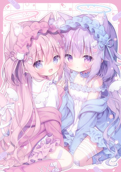 2girls animal_ear_fluff animal_ears aqua_eyes aqua_halo aqua_jacket aqua_leg_warmers aqua_ribbon bandaged_leg bandages bandaid bandaid_on_leg bandaid_print blush border bow cat_ears cat_girl cat_hair_ornament cat_tail collar commentary commentary_request detached_collar dress frilled_collar frilled_dress frilled_sailor_collar frills hair_between_eyes hair_ornament halo heart heart_hair_ornament highres jacket kamishiro_piyo leg_warmers long_hair long_sleeves looking_at_viewer maid_headdress multiple_girls open_clothes open_jacket open_mouth original pill pill_hair_ornament pill_print pink_border pink_halo pink_jacket pink_leg_warmers pink_ribbon purple_eyes ribbon sailor_collar shirt sidelocks sitting sparkle_hair_ornament star_(symbol) tail tail_bow tail_ornament very_long_hair wariza white_dress white_sailor_collar white_shirt white_wings wing_hair_ornament wings yami_kawaii