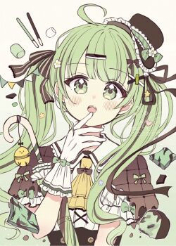 1girl ahoge black_bow black_hat bow brown_background brown_capelet capelet closed_umbrella collared_shirt commentary_request finger_to_mouth food gloves gradient_background green_background green_eyes green_hair green_umbrella hair_bow hair_ornament hairclip hand_up hat highres long_hair open_mouth original pocky puffy_short_sleeves puffy_sleeves sakura_oriko shirt short_sleeves solo striped_bow tilted_headwear twintails umbrella upper_body very_long_hair white_gloves white_shirt x_hair_ornament