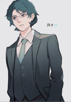 1boy aged_up aqua_hair aqua_jacket aqua_necktie aqua_pants aqua_suit aqua_vest blue_eyes blue_hair blue_necktie expressionless formal_clothes glasses gundam gundam_hathaway's_flash jacket kamille_bidan kasumi_(skchkko) male_focus necktie pants short_hair solo suit suit_jacket upper_body vest zeta_gundam