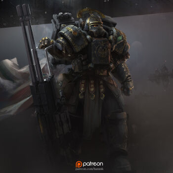 Rule 34 | ambiguous gender, armor, commentary, english commentary, full armor, full body, gauntlets, gun, hammk, helmet, highres, holding, holding gun, holding weapon, huge weapon, original, patreon logo, patreon username, planted gun, power armor, science fiction, solo, vambraces, weapon