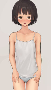 1girl absurdres black_hair blush bob_cut brown_eyes camisole cowboy_shot flat_chest grey_background grey_camisole grey_pants highres itsuki_nofuji loli looking_at_viewer no_pants open_mouth original pants short_hair simple_background smile solo spaghetti_strap standing straight-on tan variant_set wispy_bangs