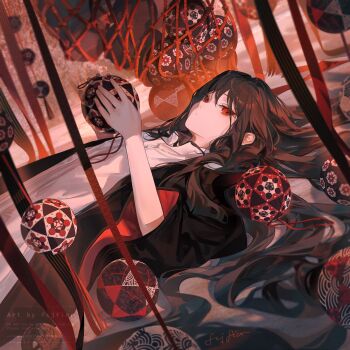 1girl ball black_hair black_jacket commentary dress english_commentary fcjfior hands_up highres hololive hololive_english jacket long_hair looking_at_viewer lying ninomae_ina&#039;nis on_back red_eyes solo temari_(ninomae_ina&#039;nis) temari_ball very_long_hair virtual_youtuber white_dress wide_sleeves