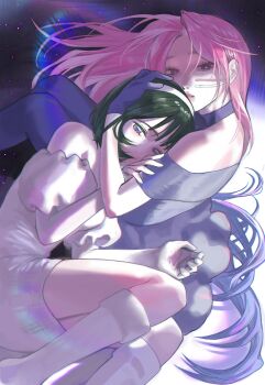 2girls absurdres alien_stage black_dress black_gloves black_hair commentary cradling_head dress gloves hairband hand_on_another&#039;s_head hashtag-only_commentary headset highres knees_up long_hair mizi_(alien_stage) multiple_girls off-shoulder_dress off_shoulder parted_lips pink_hair short_hair sua_(alien_stage) traugapambinh very_long_hair white_dress white_footwear white_hairband