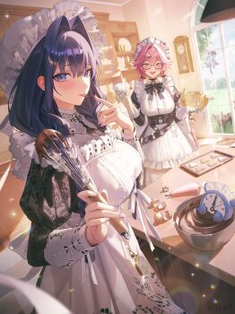 2girls absurdres animal_ears apron bell black_bow black_bowtie black_dress blue_eyes blue_hair bow bowl bowtie braid breasts center-flap_bangs chattino_(raora_panthera) chocolate chocolate_on_hand commentary double-parted_bangs dress embroidered_dress english_commentary food_on_hand frilled_apron frilled_hat frills glasses hair_intakes hair_ornament hair_over_shoulder hairclip hat highres holding holding_pastry_bag holding_whisk hololive hololive_english indoors juliet_sleeves kronie_(ouro_kronii) large_breasts long_dress long_hair long_sleeves looking_at_viewer low_twin_braids maid maid_apron mob_cap multicolored_hair multiple_girls neck_bell official_alternate_costume official_alternate_hairstyle ouro_kronii ouro_kronii_(maid) panther_ears panther_girl panther_tail pastry_bag pink_hair puffy_sleeves puritan_collar raora_panthera raora_panthera_(maid) single_hair_streak sleeve_cuffs streaked_hair tail tongue tongue_out twin_braids very_long_hair victorian_maid virtual_youtuber whisk white_apron white_hat white_streaks x_hair_ornament xiisalt yellow_eyes
