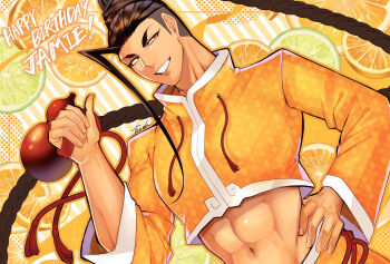 Rule 34 | 1boy, braid, brown eyes, brown hair, character name, earrings, food, fruit, gourd, grin, happy birthday, highres, jamie siu, jewelry, lime (fruit), lime slice, long braid, long hair, male focus, orange (fruit), orange shirt, orange slice, shirt, sideburns, smile, street fighter, street fighter 6, toned, toned male, touoh, undercut, v-shaped eyebrows, very long hair