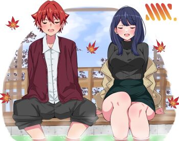 1boy 1girl black_hair black_skirt blush breasts closed_eyes collared_shirt couple freedom_xdrive gridman_universe gridman_universe_(movie) hetero hibiki_yuuta highres jacket long_hair long_sleeves looking_at_viewer medium_breasts red_hair relaxing shirt short_hair sitting skirt sweater takarada_rikka thighs turtleneck turtleneck_sweater white_shirt