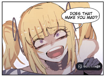 1girl ani_(xai) at2. black_dress black_gloves black_ribbon blonde_hair breasts commentary dress english_commentary english_text evil_smile gloves hair_ribbon highres large_breasts leaning_forward long_hair merryweather open_mouth purple_eyes ribbon simple_background smile solo speech_bubble teeth tongue twintails twitter twitter's_edit_image_button