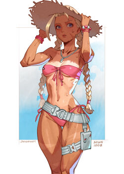1girl absurdres alternate_costume bead_bracelet beads belt bikini blonde_hair bracelet braid breasts cammy_white commentary cowboy_shot curvy dated front-tie_bikini_top front-tie_top hands_on_headwear hat highres jewelry julian_futanto long_hair medium_breasts navel necklace official_alternate_costume pink_bikini pouch purple_eyes scar scar_on_face side-tie_bikini_bottom simple_background solo stomach strapless strapless_bikini straw_hat street_fighter sun_hat sweat swimsuit symbol-only_commentary tan tanline thigh_gap thigh_strap thong thong_bikini twin_braids white_background wide_hips